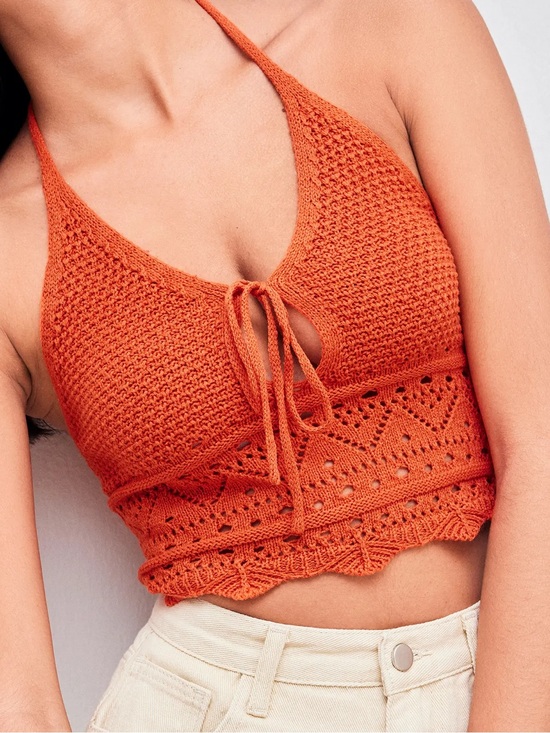 Cider Tops - NWT Cider Orange Crochet Halter Crop Top Women’s XL